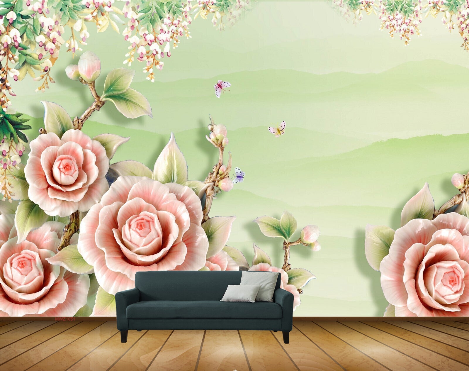 Avikalp MWZ1051 Pink Rose Flowers Butterflies Leaves 3D HD Wallpaper