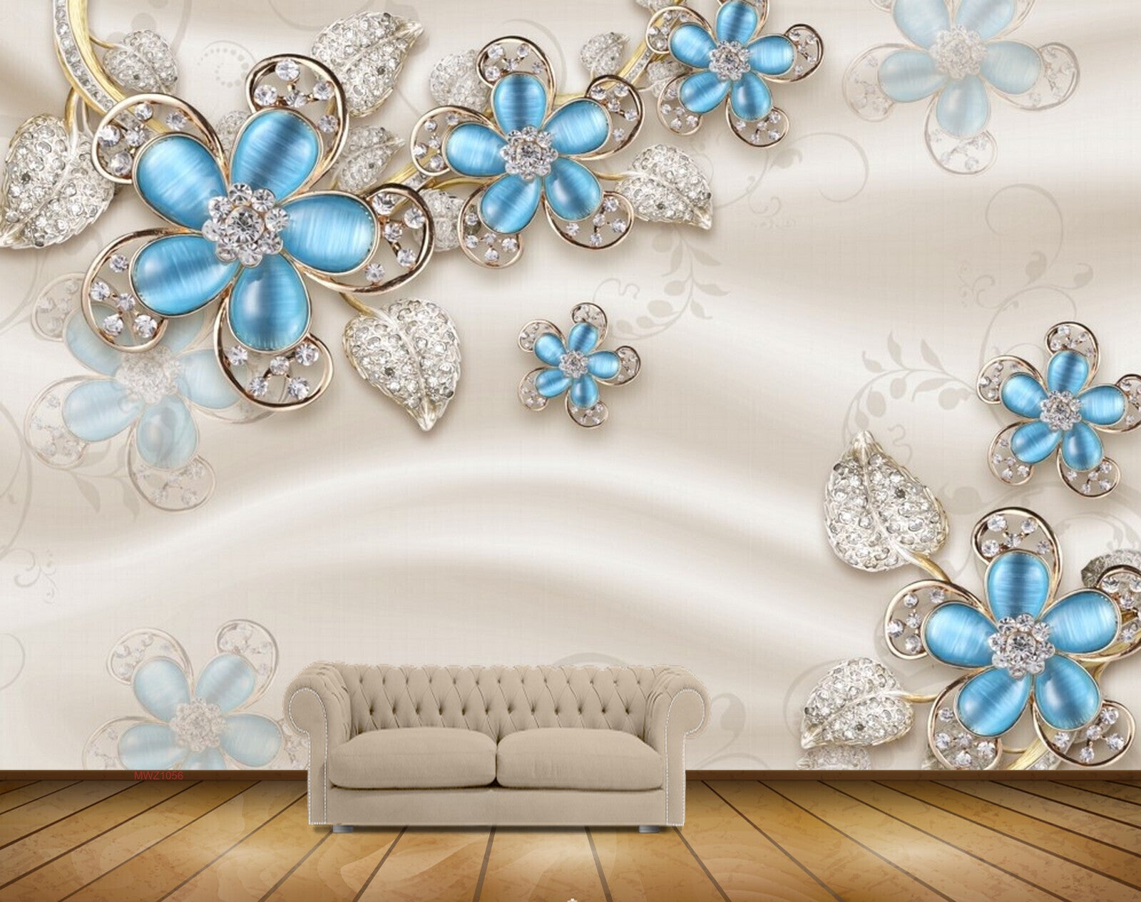 Avikalp MWZ1056 Blue Silver Flowers Leaves HD Wallpaper