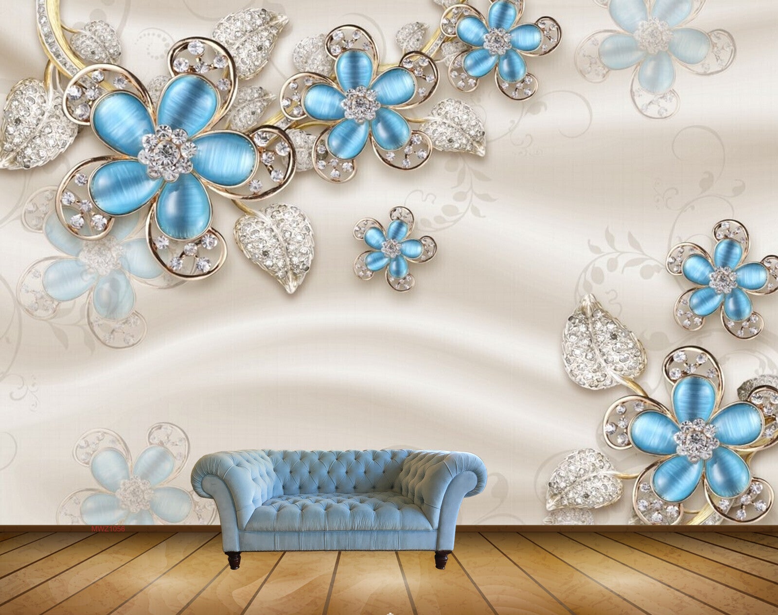 Avikalp MWZ1056 Blue Silver Flowers Leaves 3D HD Wallpaper