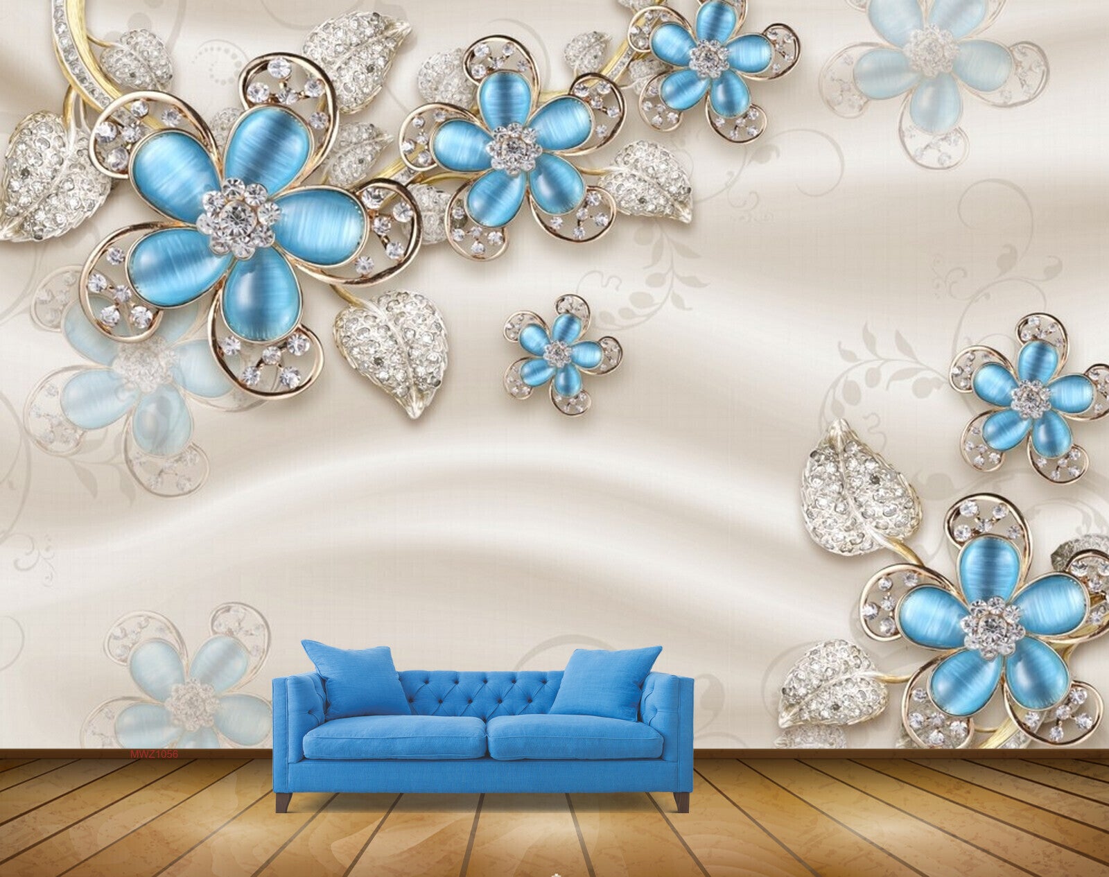 Avikalp MWZ1056 Blue Silver Flowers Leaves 3D HD Wallpaper