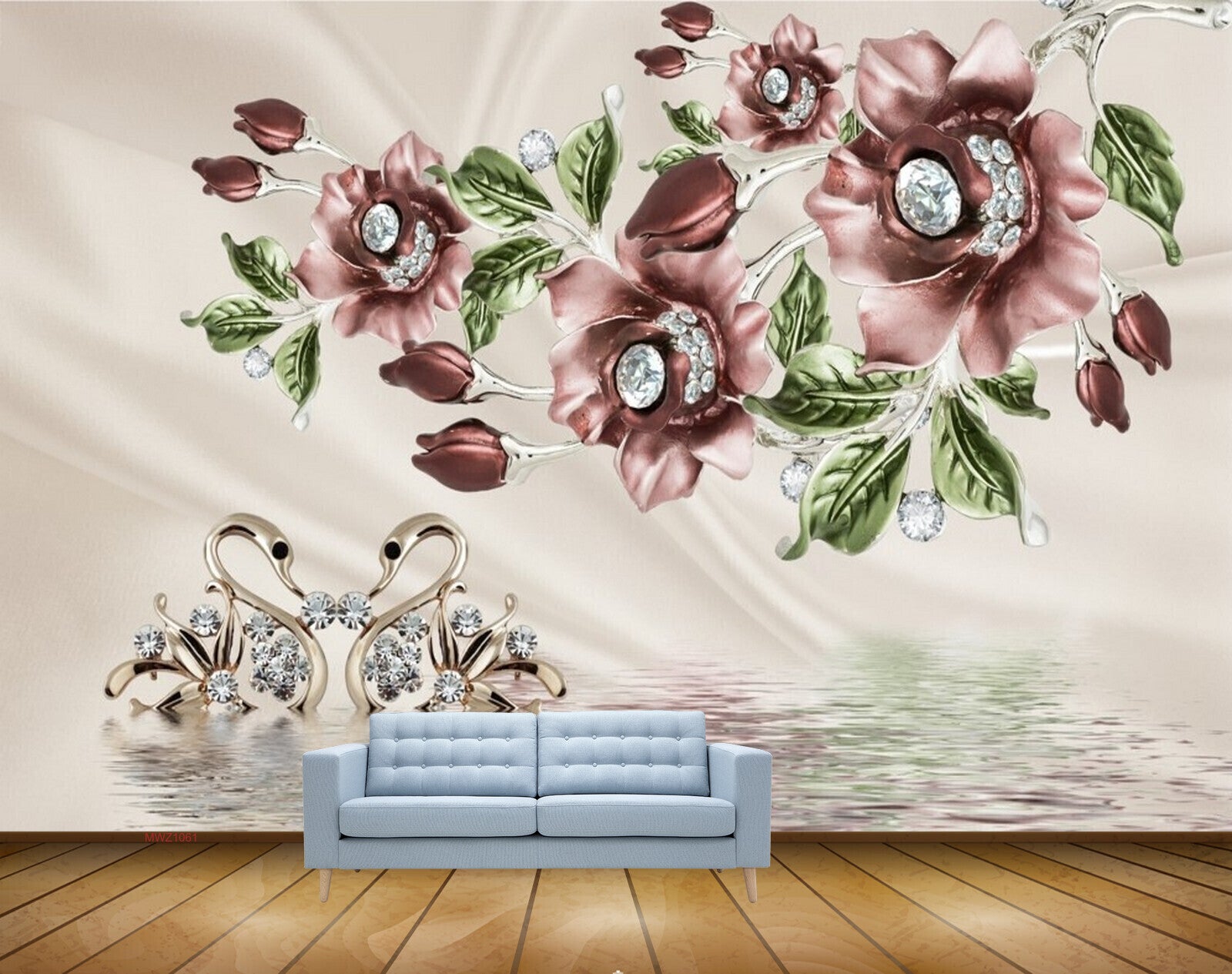 Avikalp MWZ1061 Brown Flowers Leaves Swans 3D HD Wallpaper
