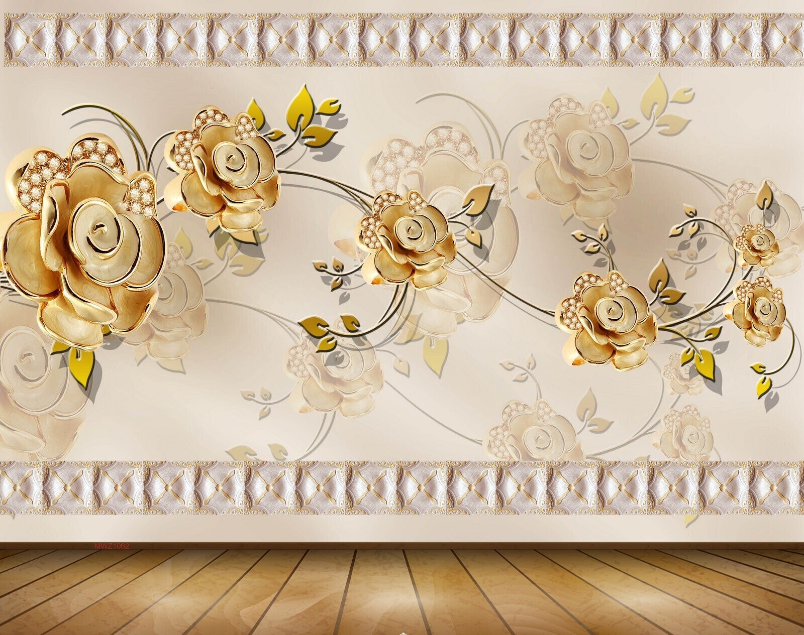 Avikalp MWZ1062 Golden Flowers Leaves 3D HD Wallpaper