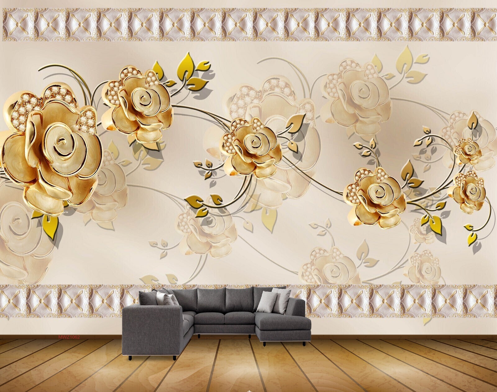 Avikalp MWZ1062 Golden Flowers Leaves 3D HD Wallpaper