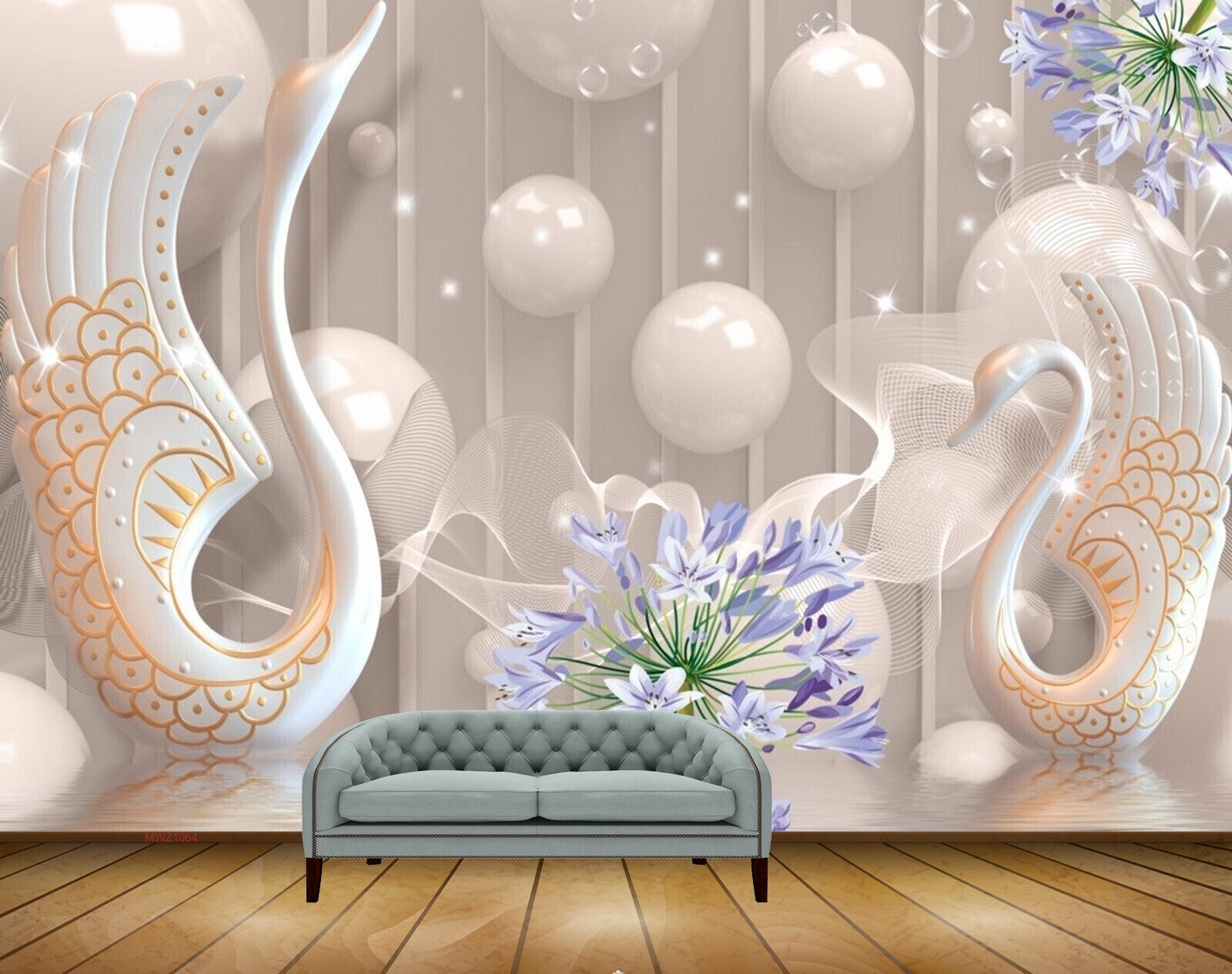 Avikalp MWZ1064 Swans Purple Flowers Pearls 3D HD Wallpaper