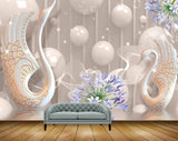Avikalp MWZ1064 Swans Purple Flowers Pearls 3D HD Wallpaper