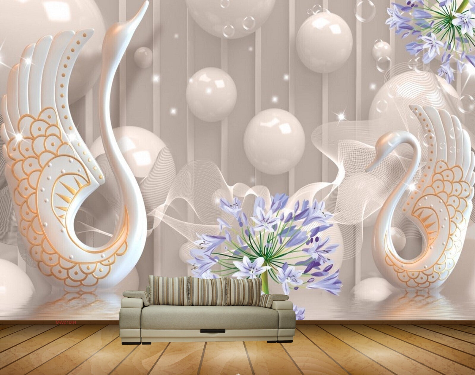 Avikalp MWZ1064 Swans Purple Flowers Pearls 3D HD Wallpaper
