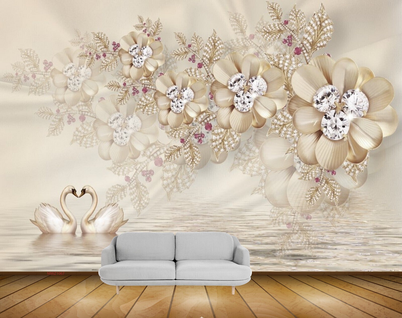 Avikalp MWZ1067 Golden Flowers Swans leaves HD Wallpaper