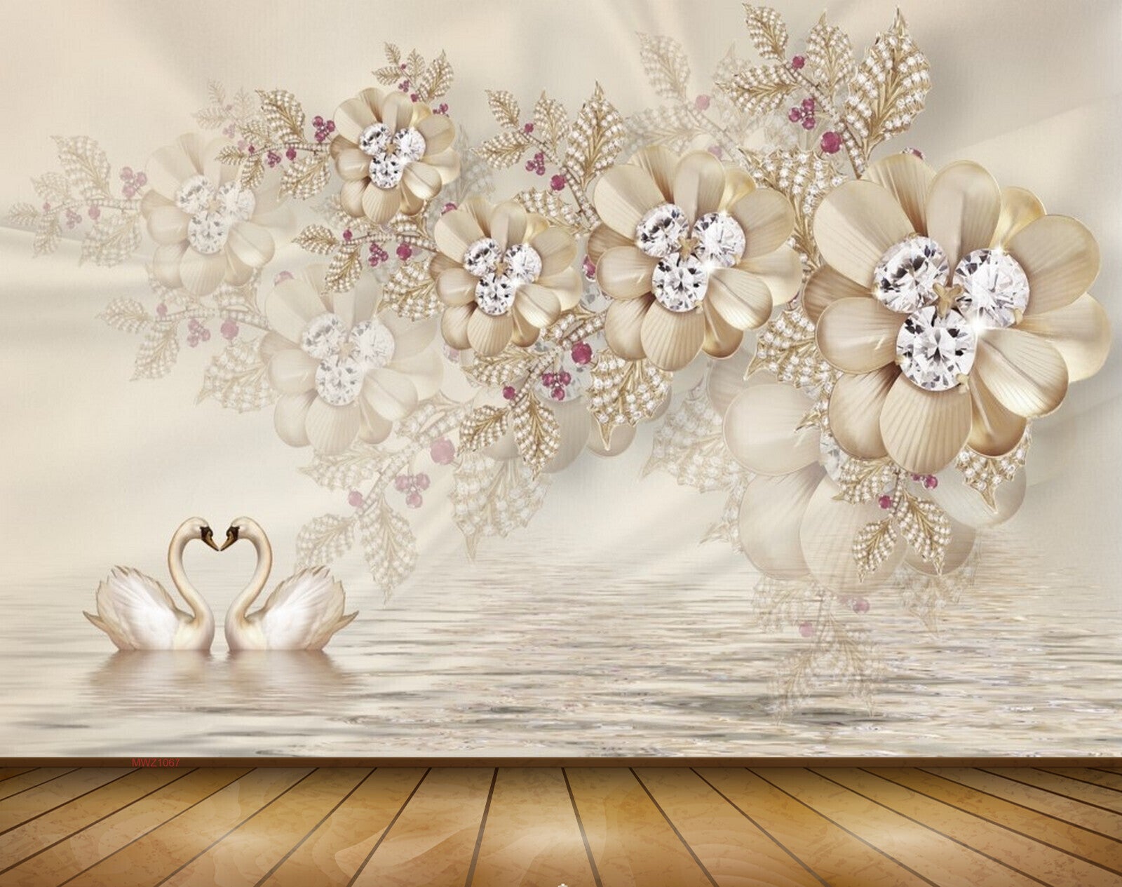 Avikalp MWZ1067 Golden Flowers Swans leaves 3D HD Wallpaper