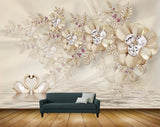 Avikalp MWZ1067 Golden Flowers Swans leaves 3D HD Wallpaper