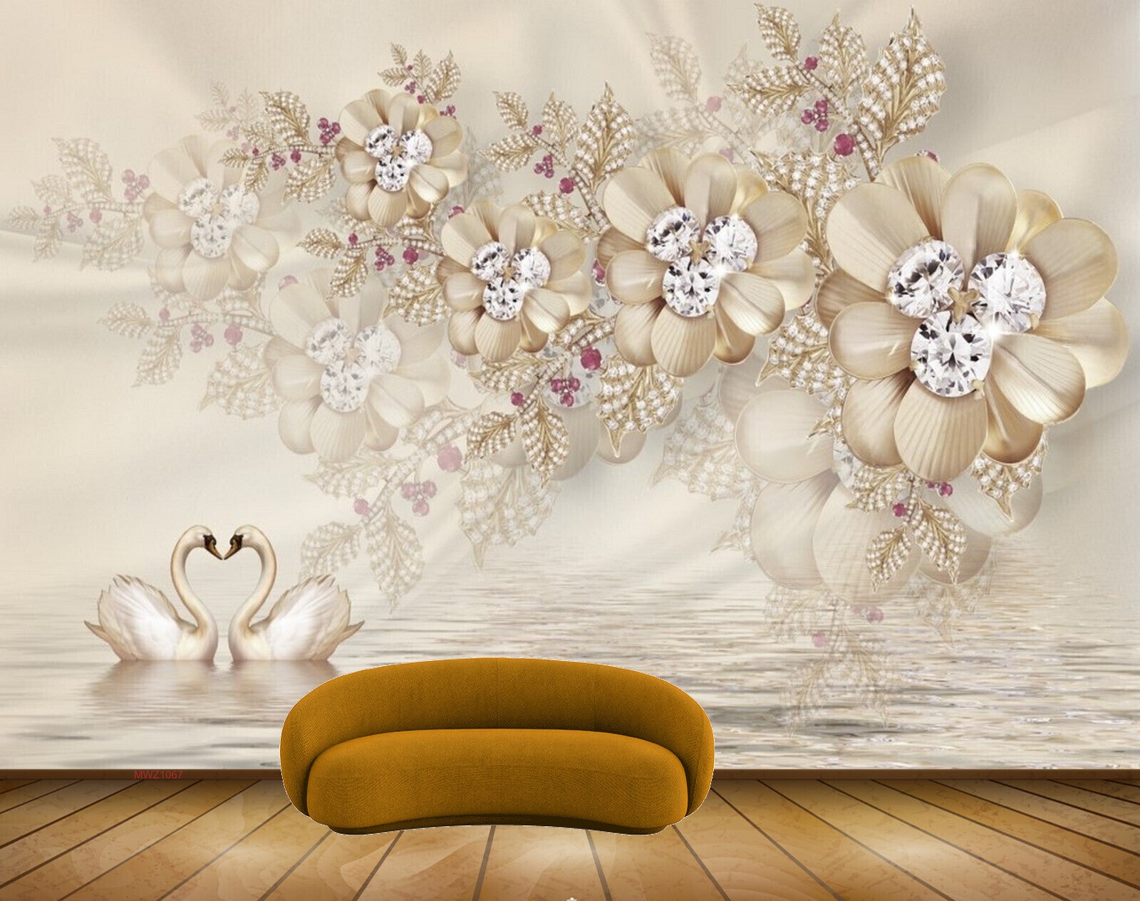 Avikalp MWZ1067 Golden Flowers Swans leaves 3D HD Wallpaper