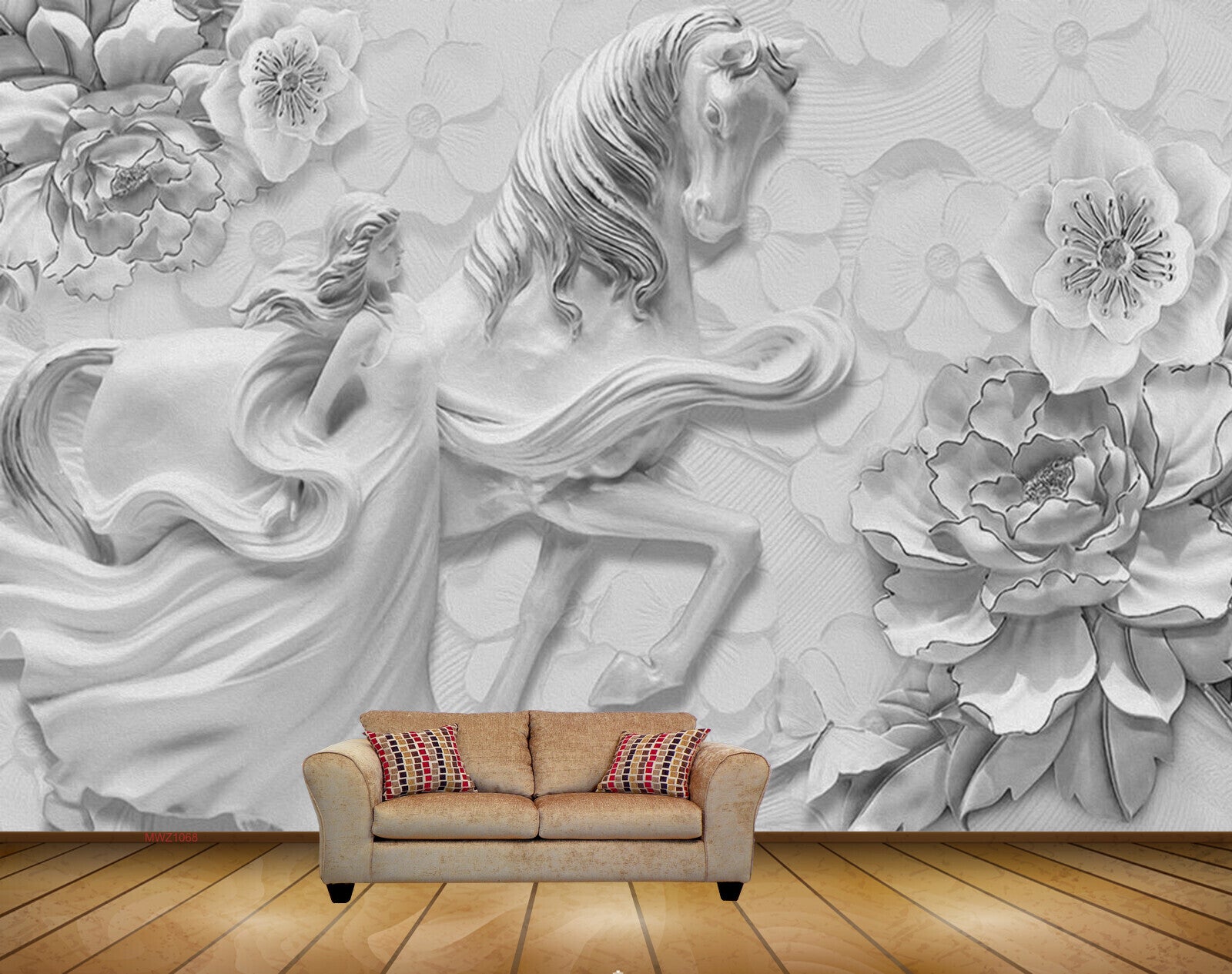 Avikalp MWZ1068 White Horse Girl Flowers 3D HD Wallpaper