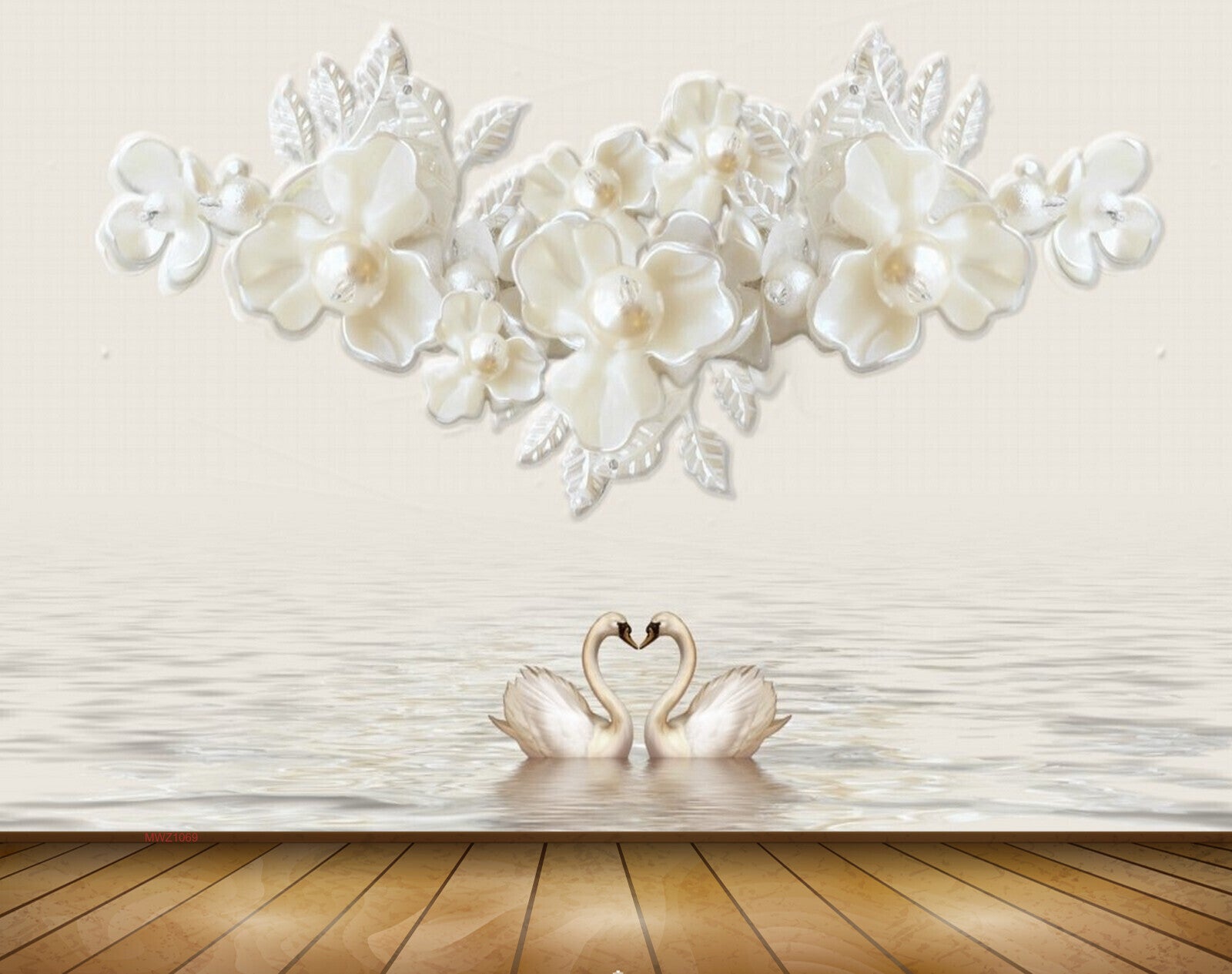Avikalp MWZ1069 Golden Flowers Swans Leaves 3D HD Wallpaper