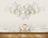Avikalp MWZ1069 Golden Flowers Swans Leaves 3D HD Wallpaper