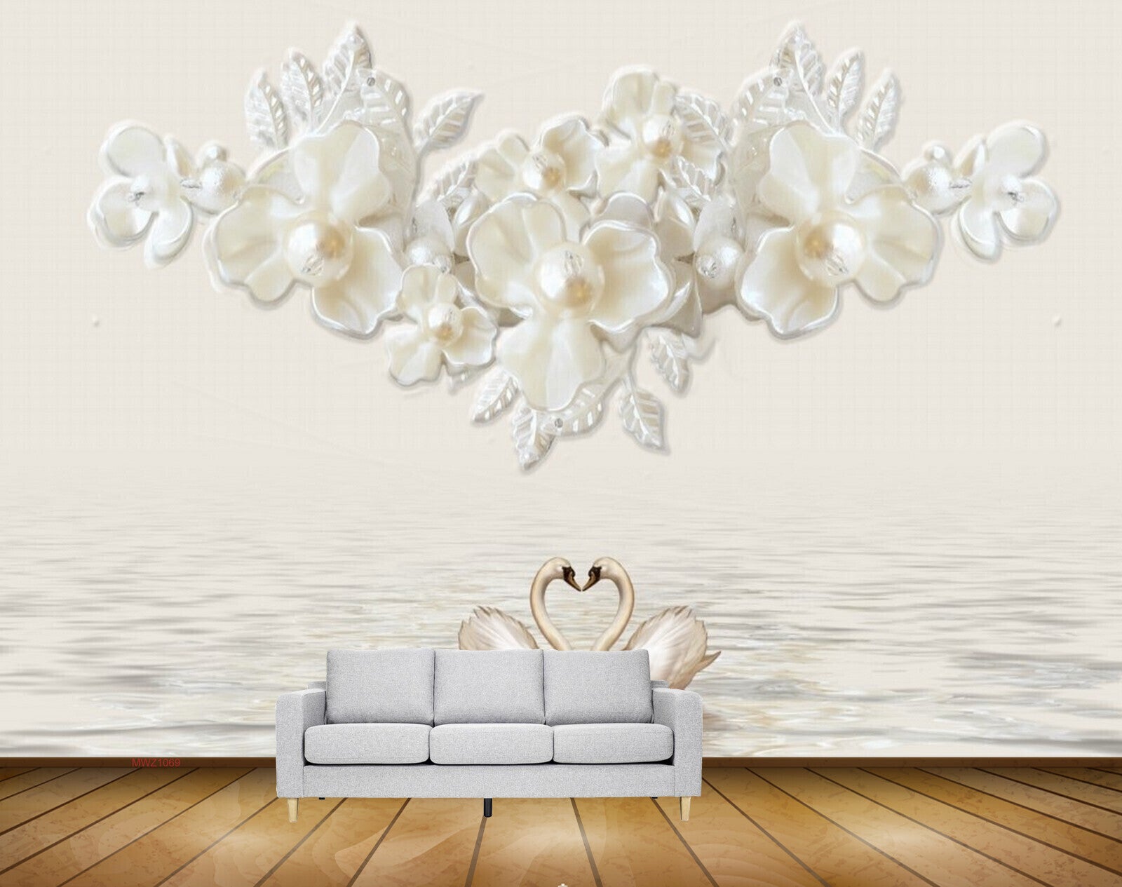 Avikalp MWZ1069 Golden Flowers Swans Leaves 3D HD Wallpaper