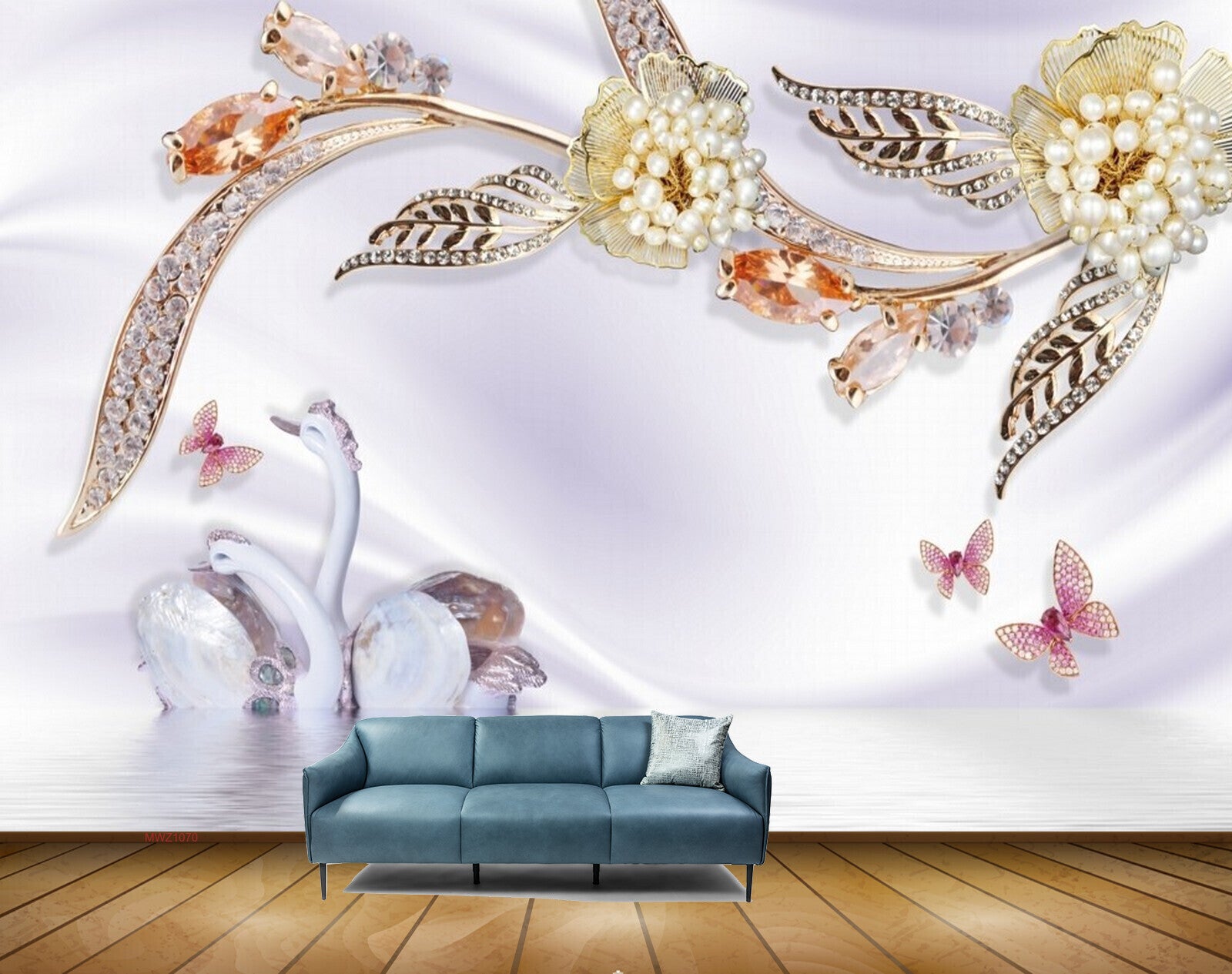 Avikalp MWZ1070 Golden Flowers Butteflies Swans HD Wallpaper