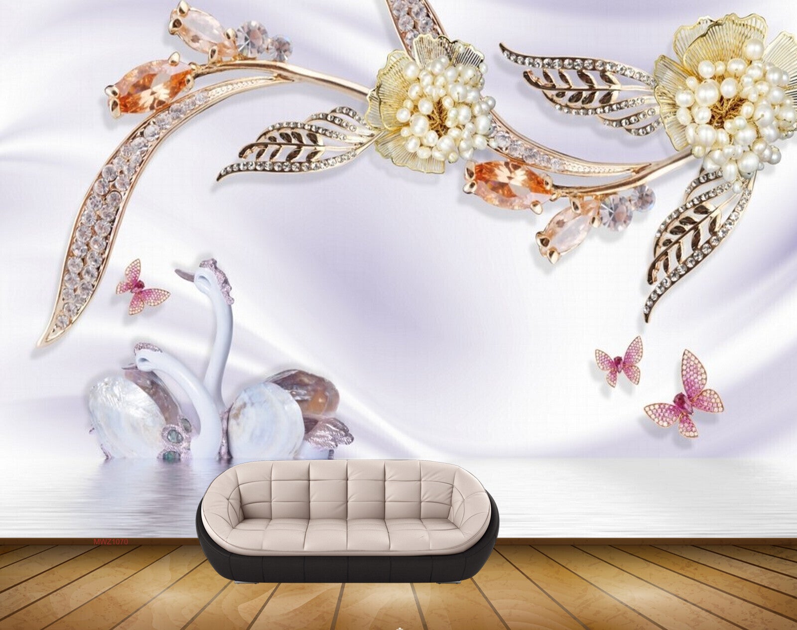 Avikalp MWZ1070 Golden Flowers Butteflies Swans 3D HD Wallpaper