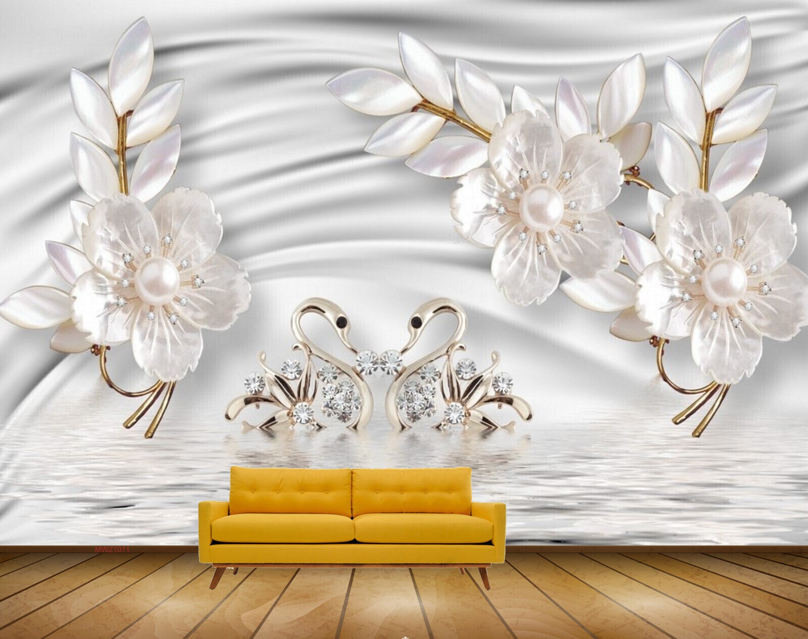 Avikalp MWZ1071 White Flowers Swans Leaves HD Wallpaper