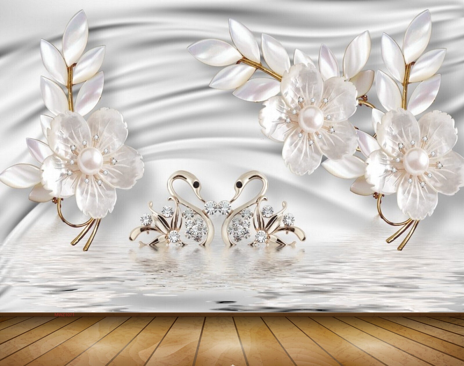 Avikalp MWZ1071 White Flowers Swans Leaves 3D HD Wallpaper