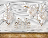 Avikalp MWZ1071 White Flowers Swans Leaves 3D HD Wallpaper