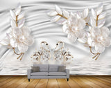 Avikalp MWZ1071 White Flowers Swans Leaves 3D HD Wallpaper