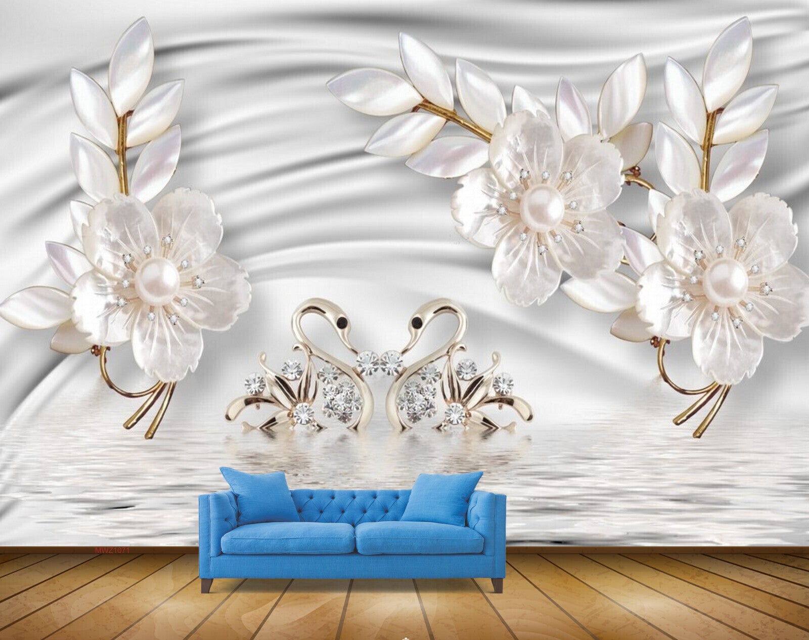 Avikalp MWZ1071 White Flowers Swans Leaves 3D HD Wallpaper