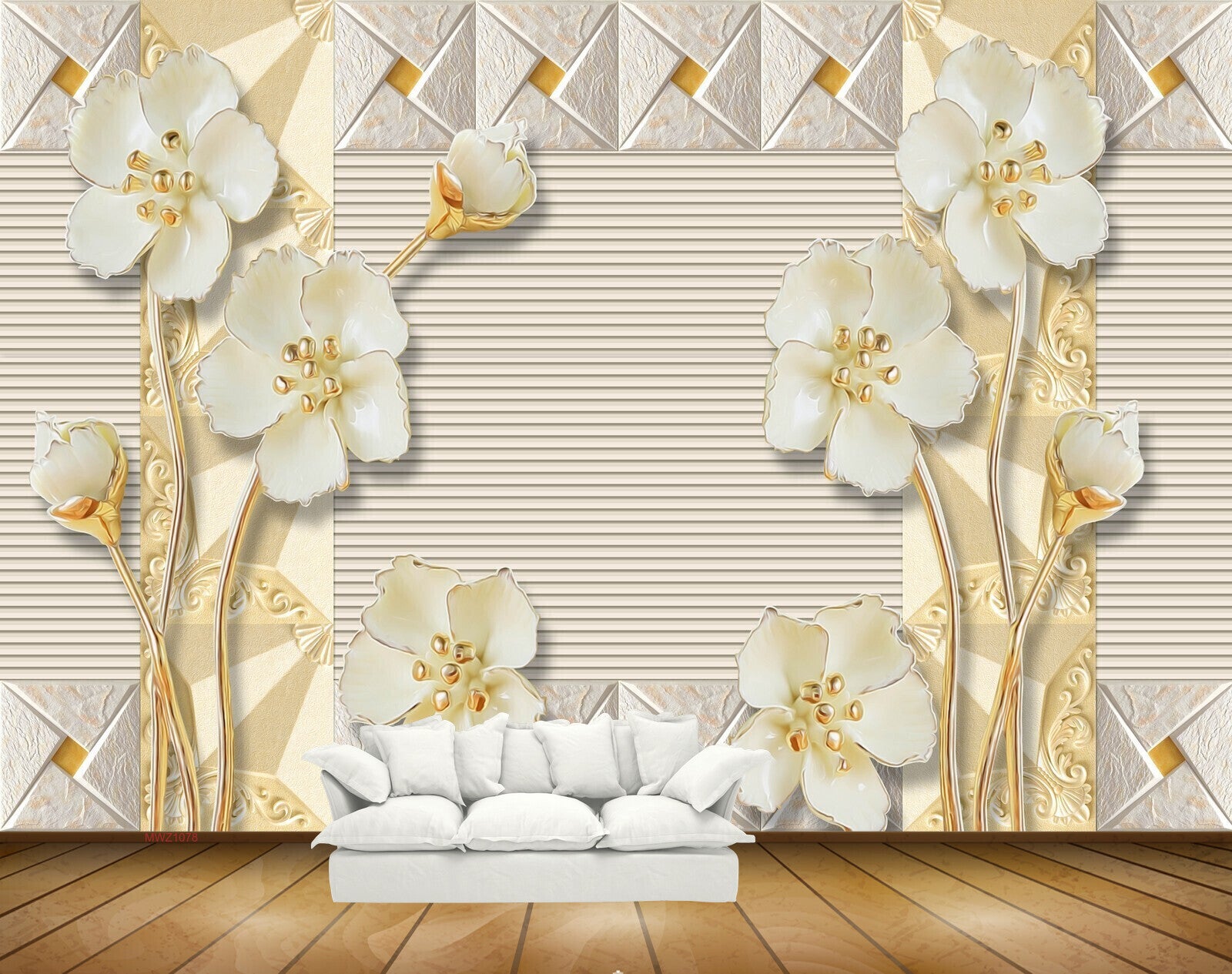 Avikalp MWZ1078 White Goldden Flowers 3D HD Wallpaper