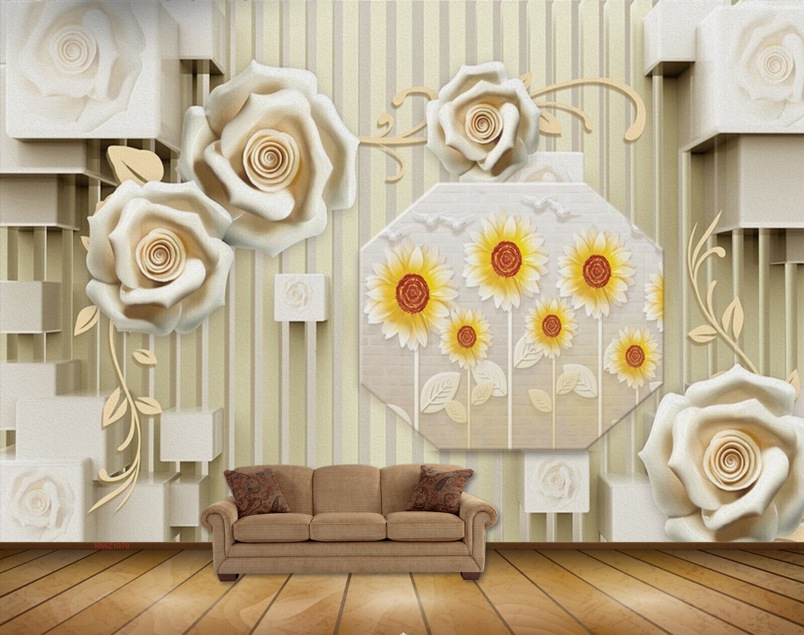 Avikalp MWZ1079 Yellow White Flowers Leaves 3D HD Wallpaper