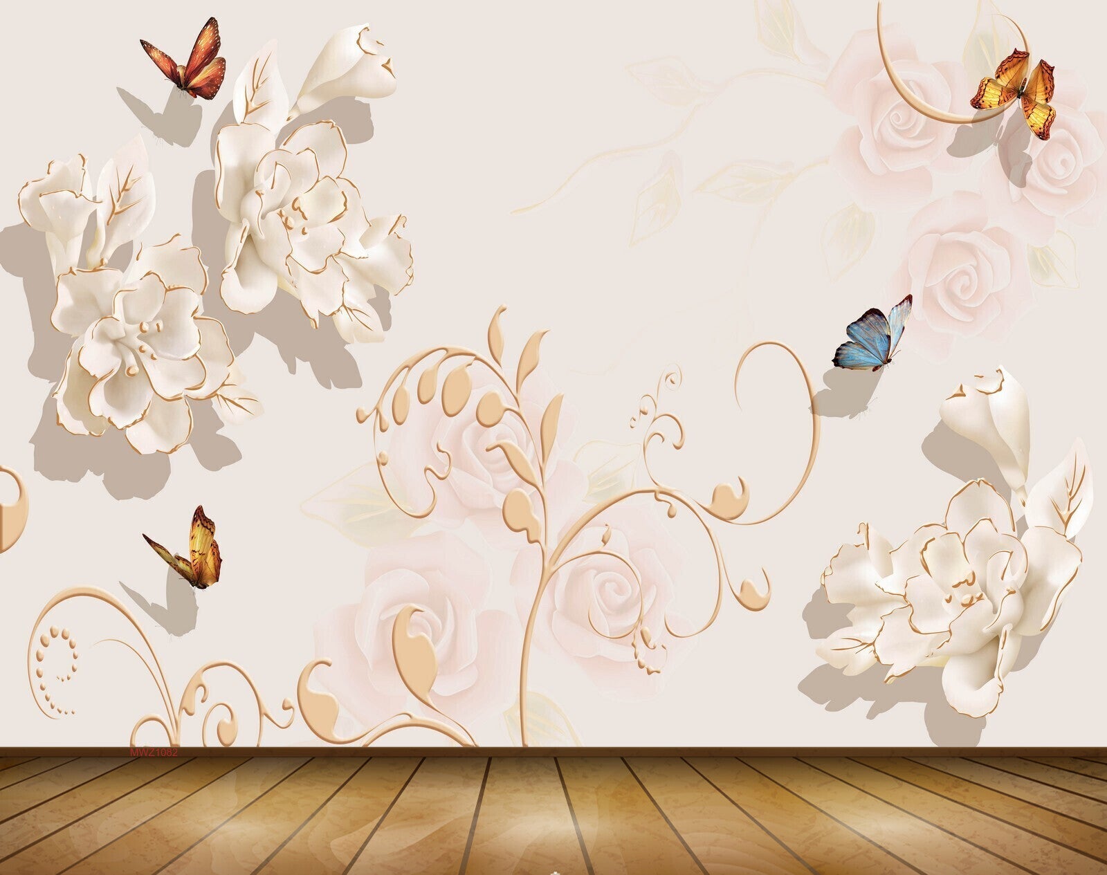 Avikalp MWZ1082 White Flowers Butterflies 3D HD Wallpaper