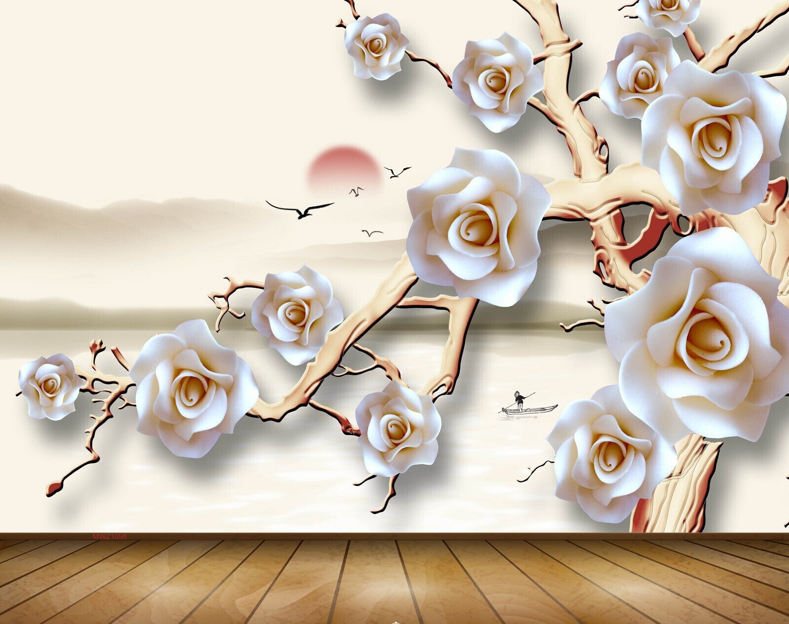 Avikalp MWZ1098 White Roses Branches Birds Boat 3D HD Wallpaper