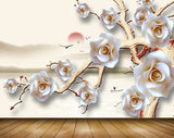 Avikalp MWZ1098 White Roses Branches Birds Boat 3D HD Wallpaper