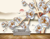 Avikalp MWZ1098 White Roses Branches Birds Boat 3D HD Wallpaper