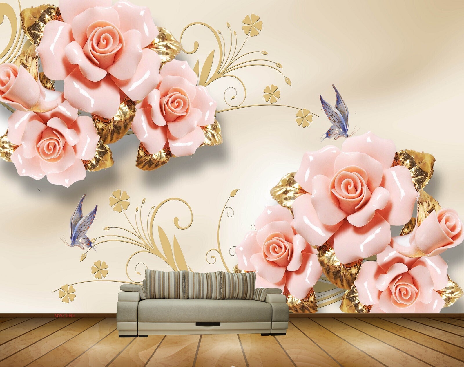 Avikalp MWZ1099 Pink Flowers Butterflies Branches HD Wallpaper