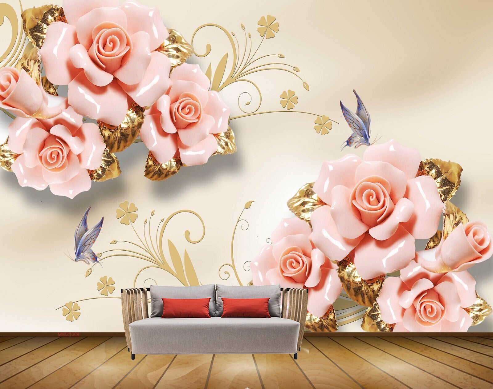 Avikalp MWZ1099 Pink Flowers Butterflies Branches 3D HD Wallpaper