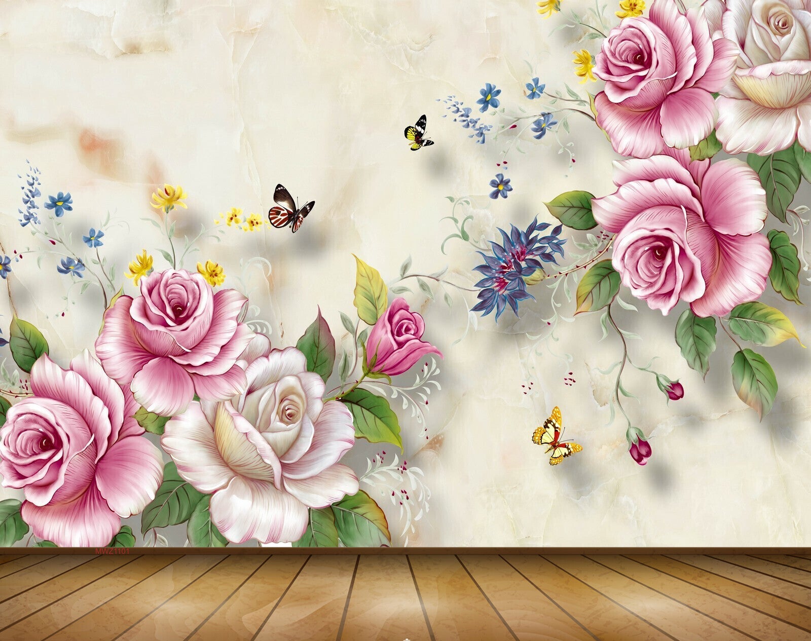 Avikalp MWZ1101 Pink Roses Butterflies Leaves 3D HD Wallpaper
