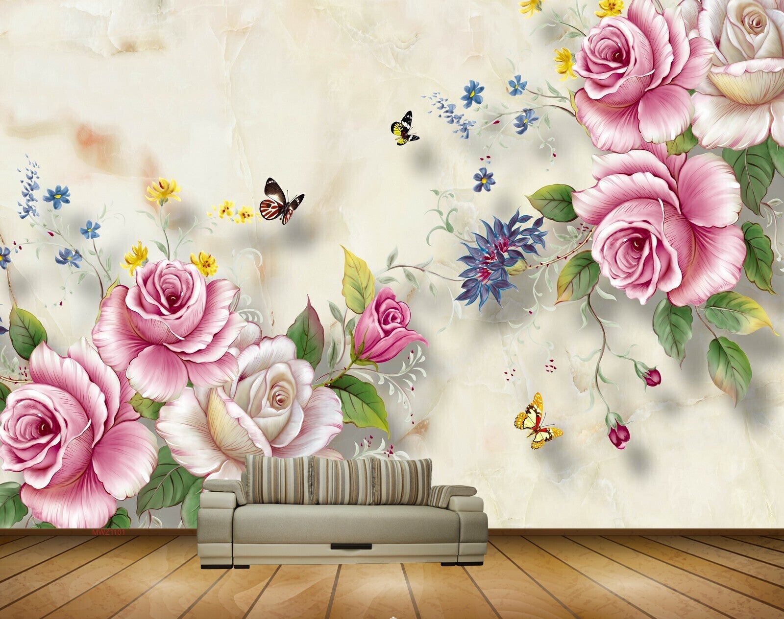 Avikalp MWZ1101 Pink Roses Butterflies Leaves 3D HD Wallpaper