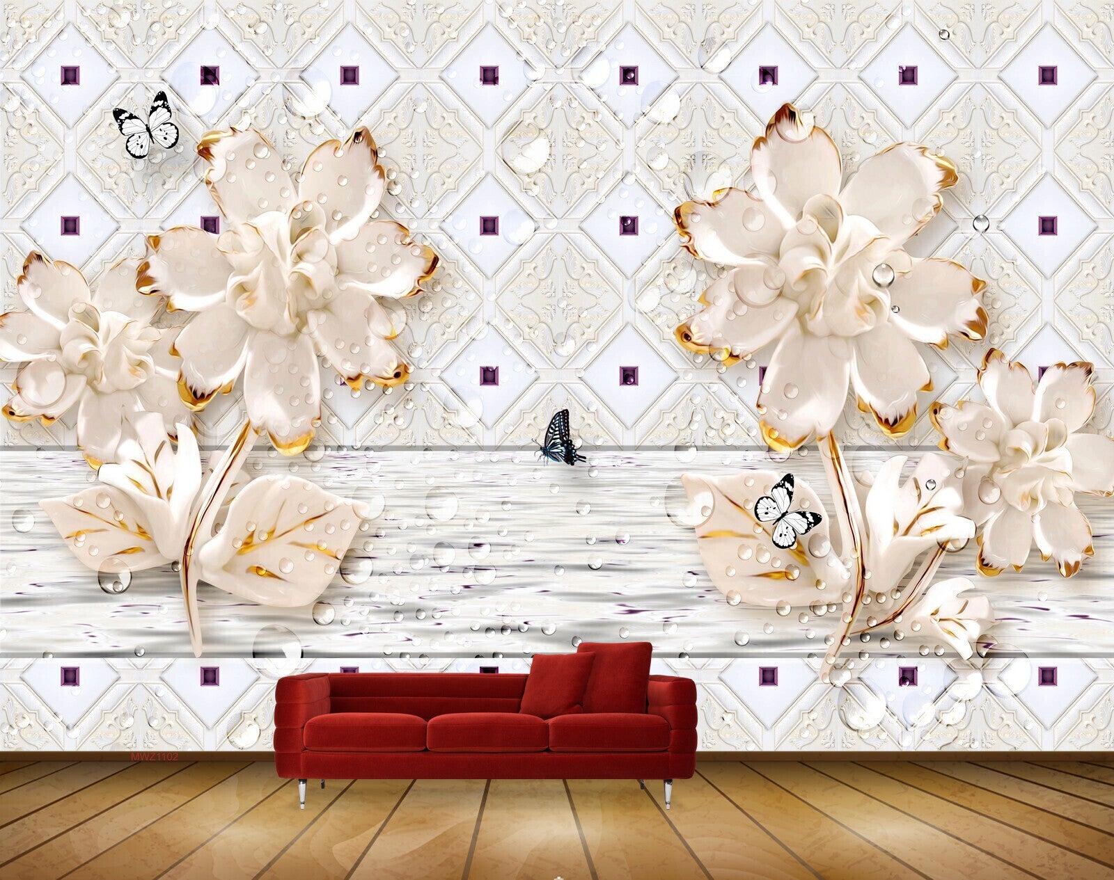Avikalp MWZ1102 Peach Flowers Butterflies 3D HD Wallpaper