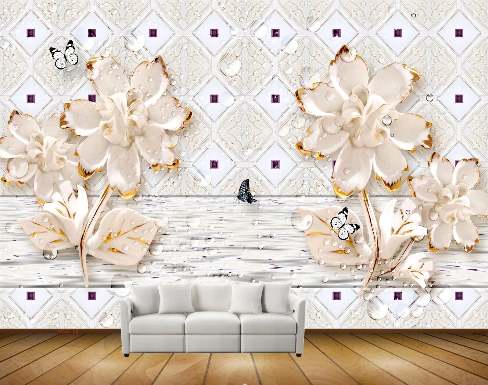 Avikalp MWZ1102 Peach Flowers Butterflies 3D HD Wallpaper
