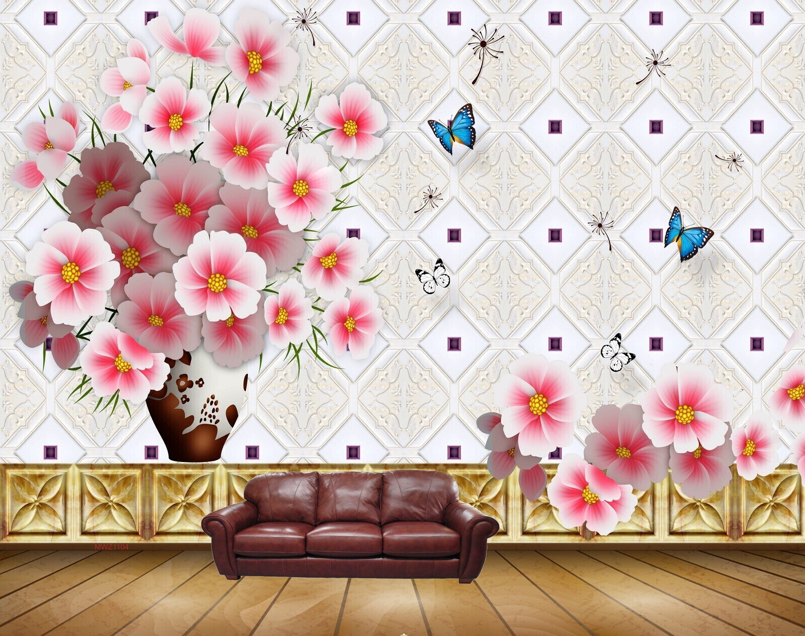 Avikalp MWZ1104 Pink White Flowers Butterflies 3D HD Wallpaper