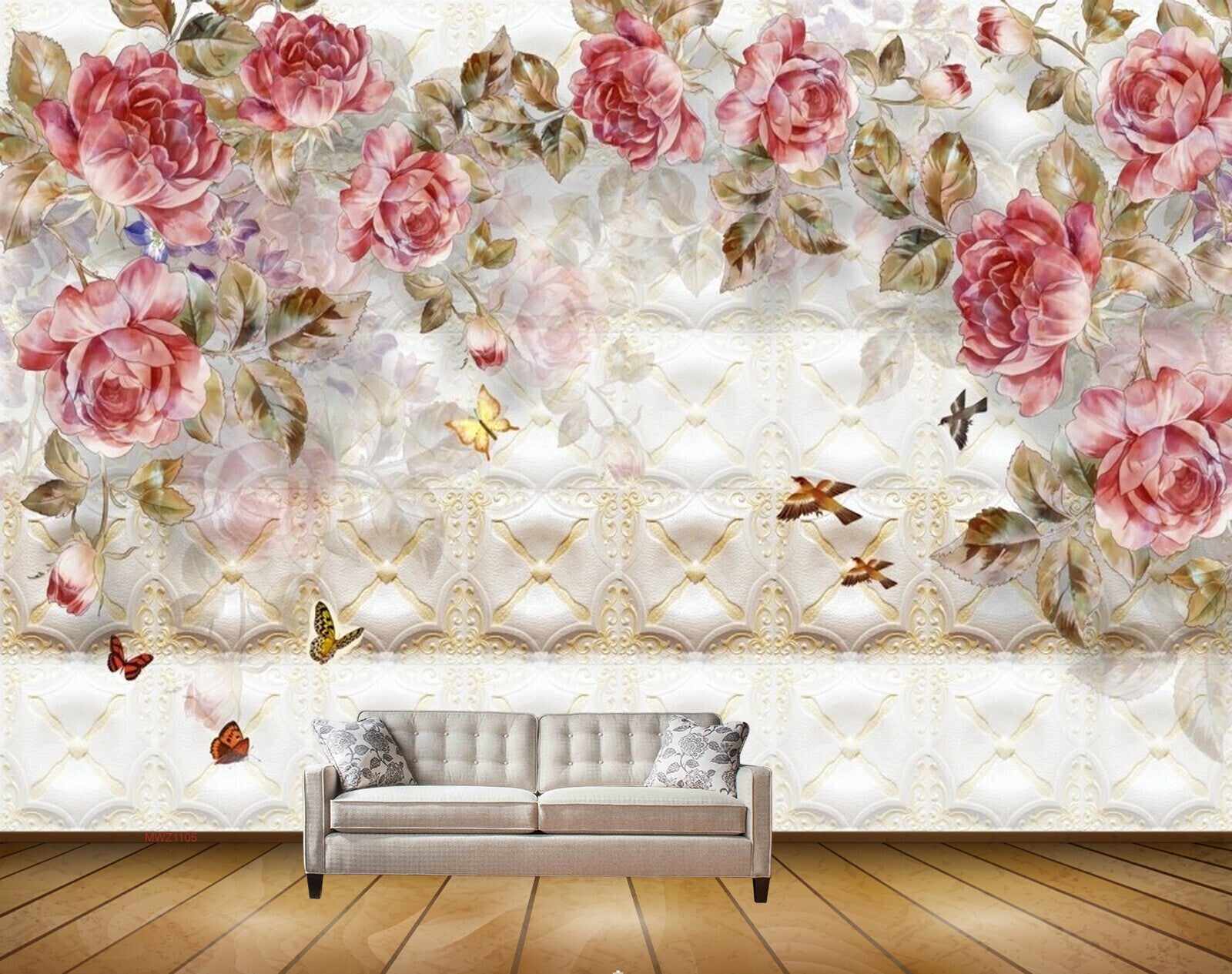 Avikalp MWZ1105 Pink Flowers Butterflies Leaves 3D HD Wallpaper
