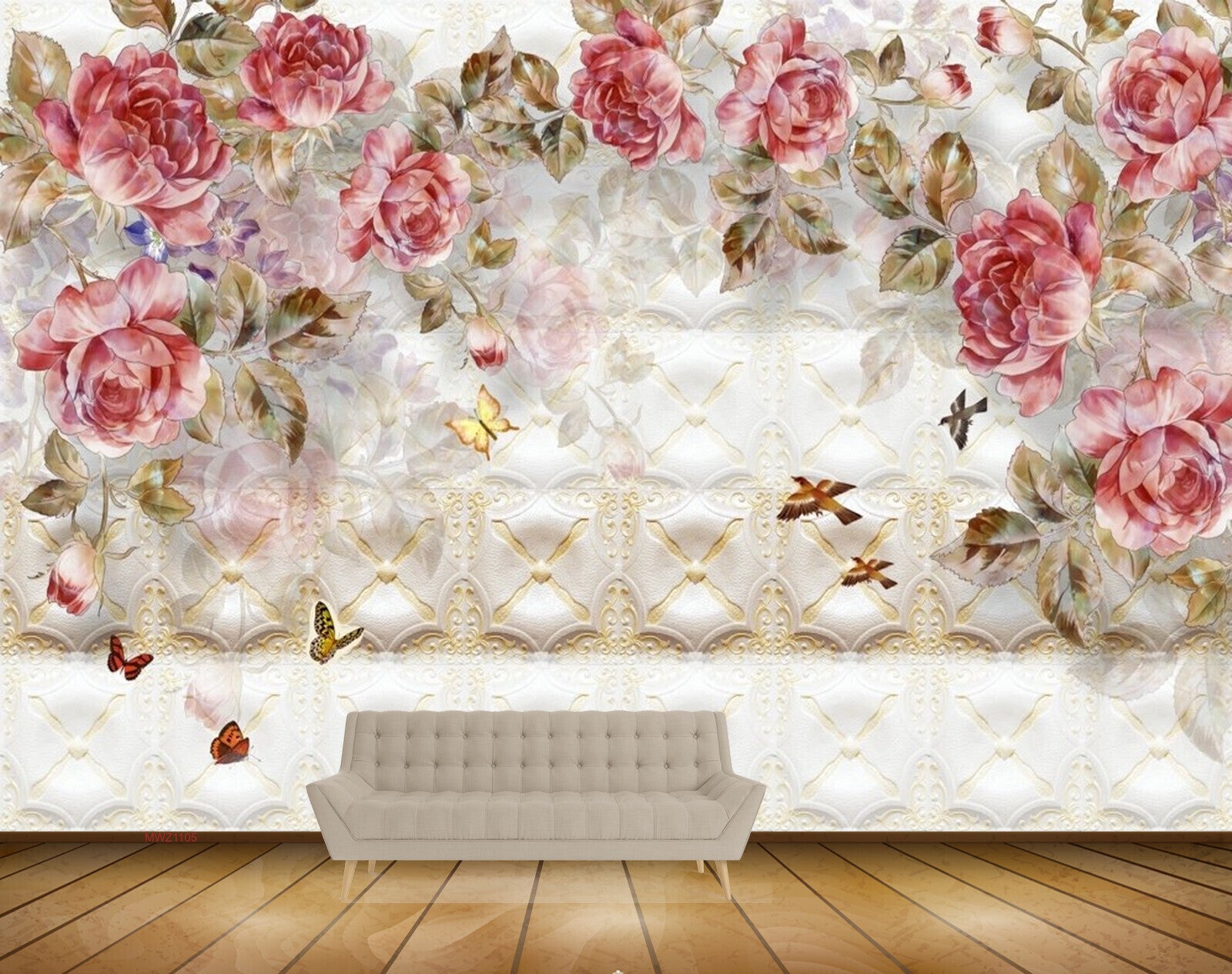 Avikalp MWZ1105 Pink Flowers Butterflies Leaves 3D HD Wallpaper