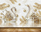 Avikalp MWZ1108 White Golden Swans Leaves 3D HD Wallpaper