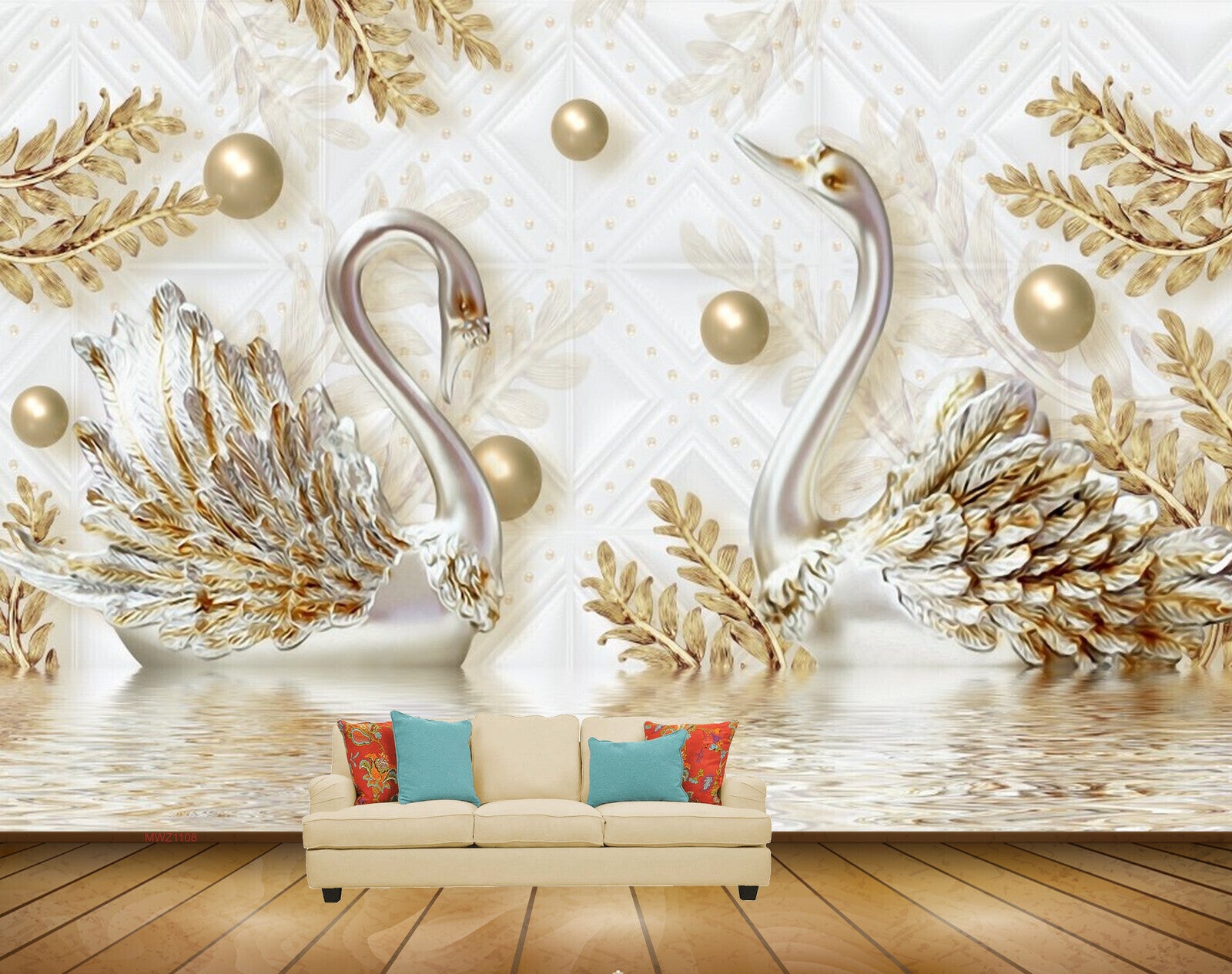 Avikalp MWZ1108 White Golden Swans Leaves 3D HD Wallpaper