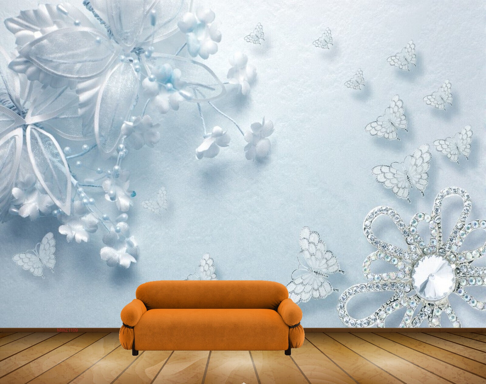 Avikalp MWZ1109 White Blue Flowers Butterflies HD Wallpaper