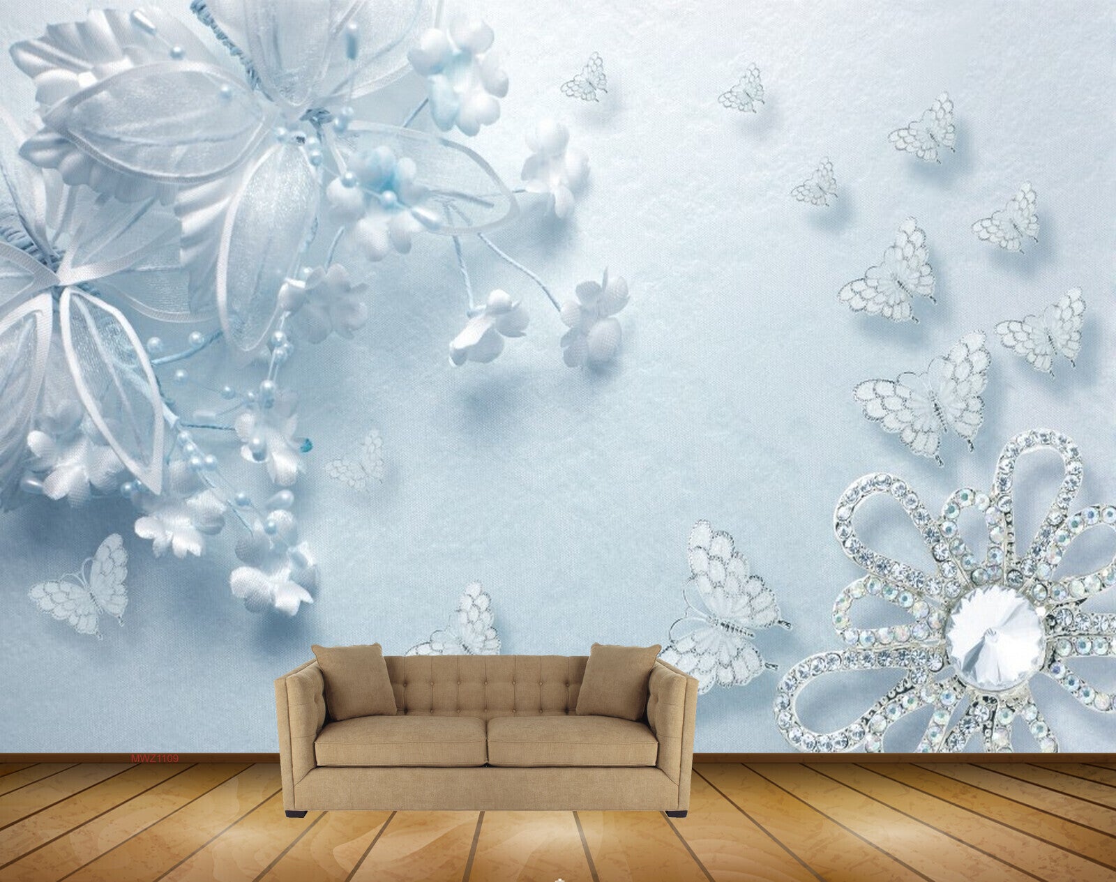 Avikalp MWZ1109 White Blue Flowers Butterflies 3D HD Wallpaper