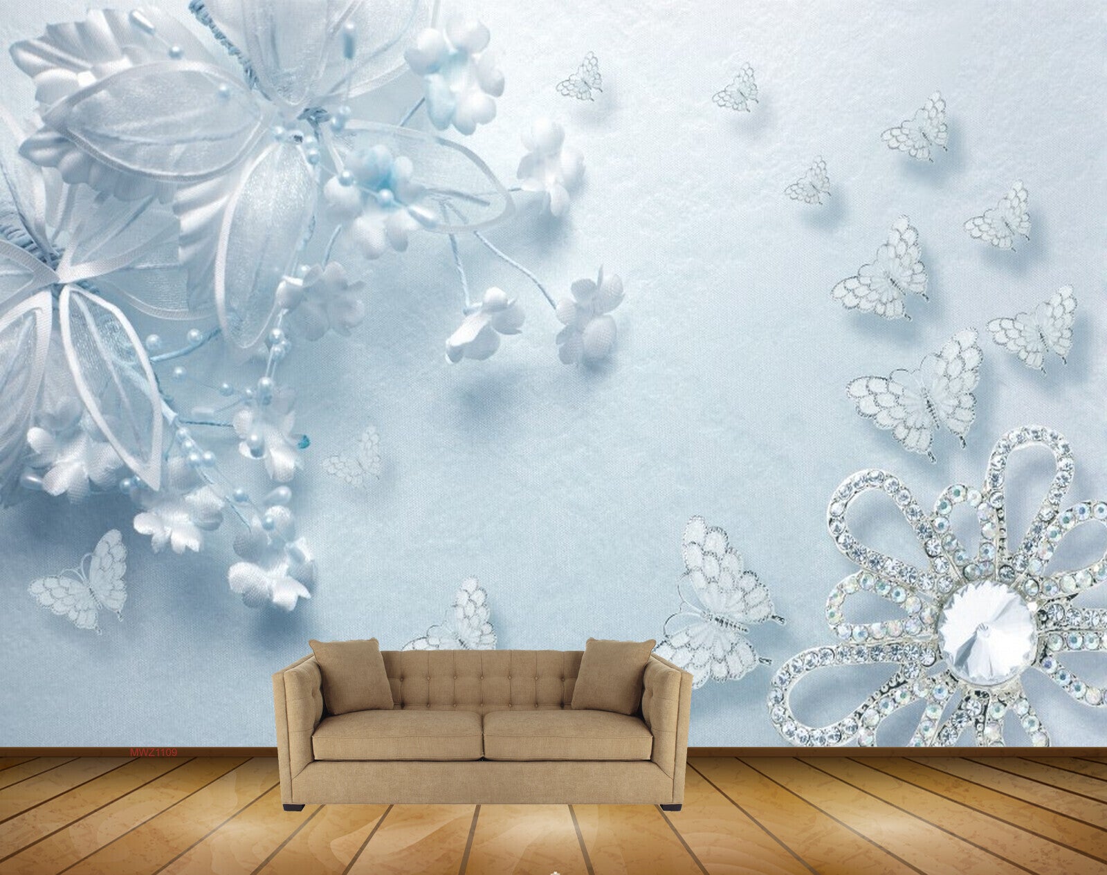 Avikalp MWZ1109 White Blue Flowers Butterflies 3D HD Wallpaper