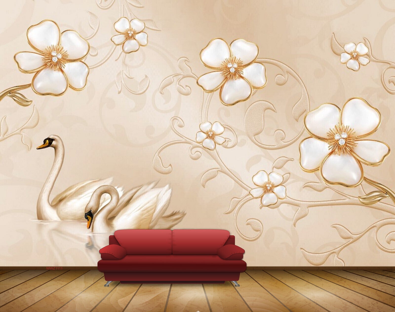 Avikalp MWZ1111 White Golden Flowers Swans HD Wallpaper