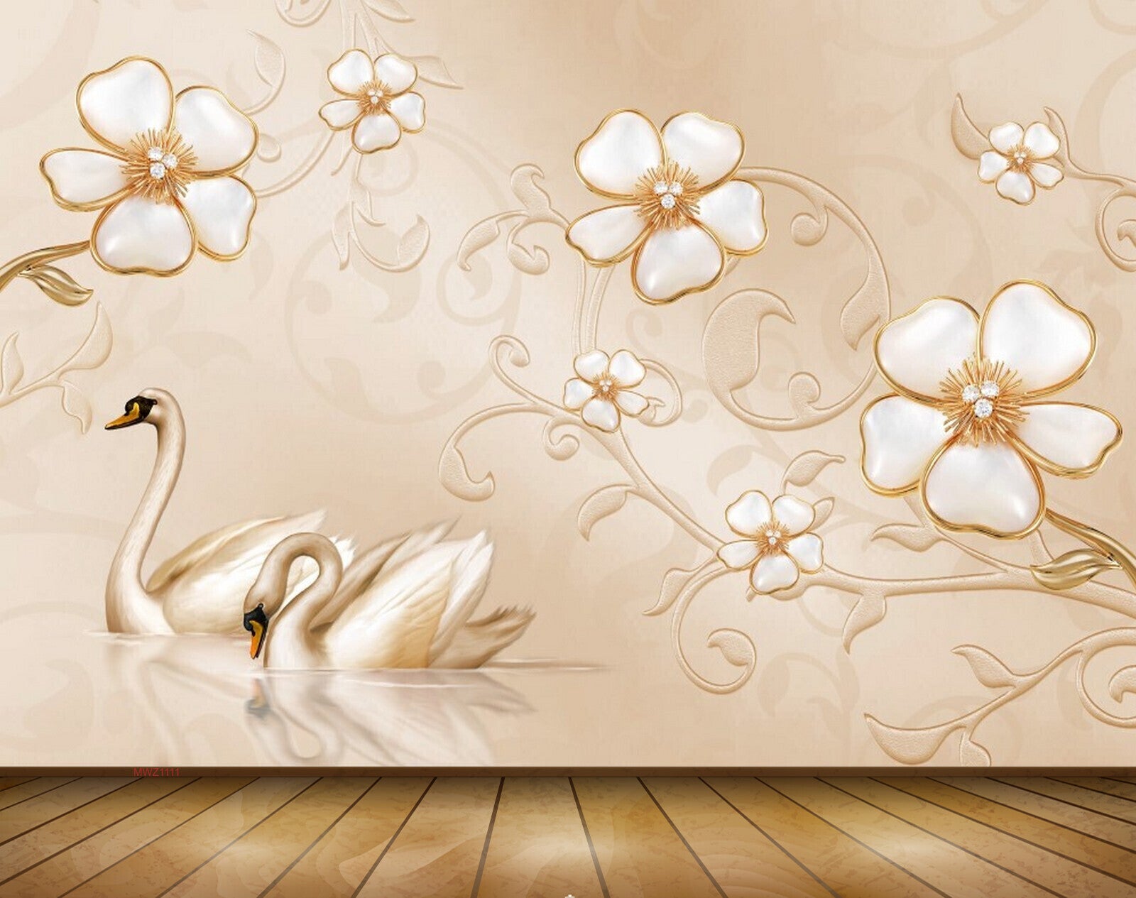 Avikalp MWZ1111 White Golden Flowers Swans 3D HD Wallpaper