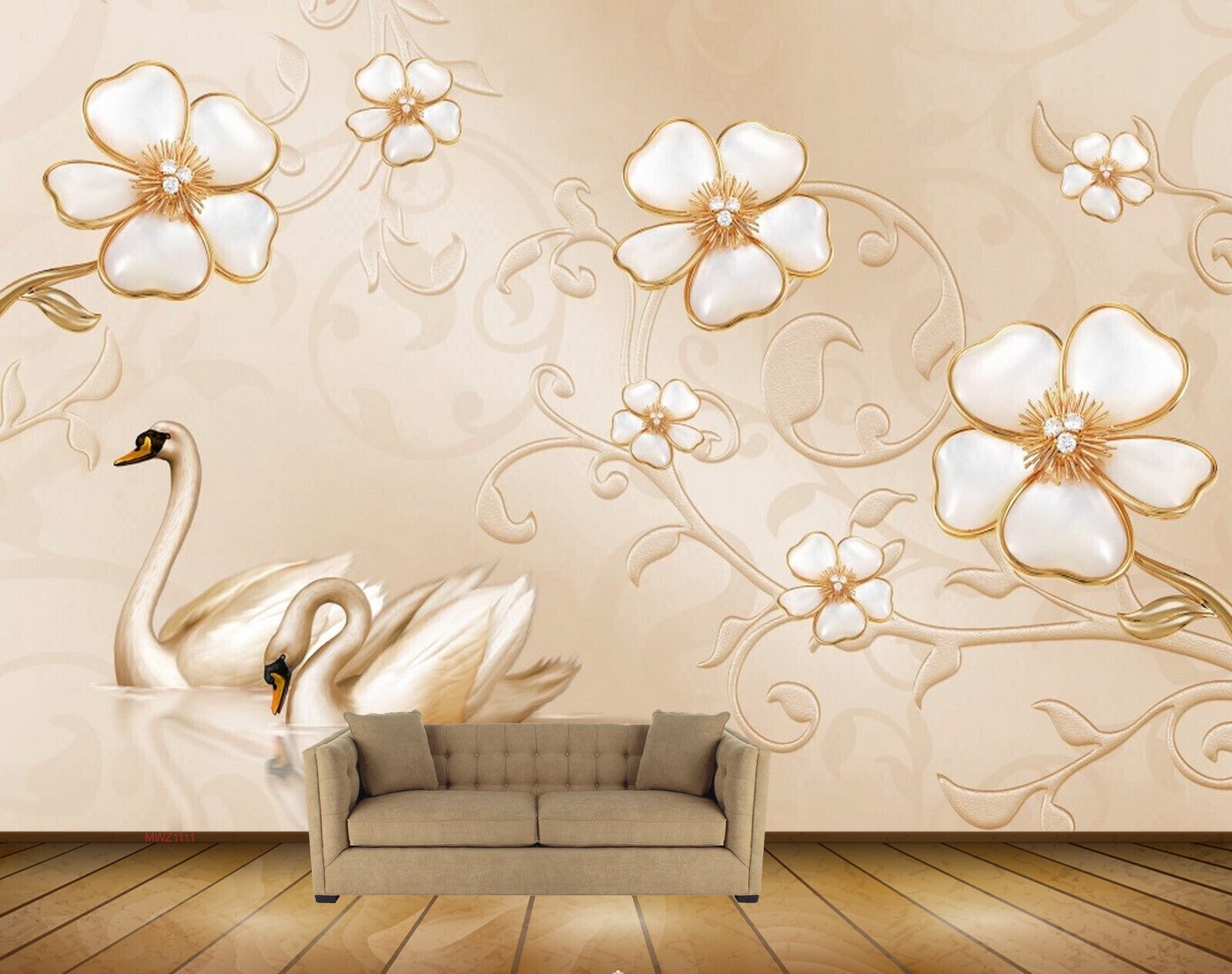 Avikalp MWZ1111 White Golden Flowers Swans 3D HD Wallpaper