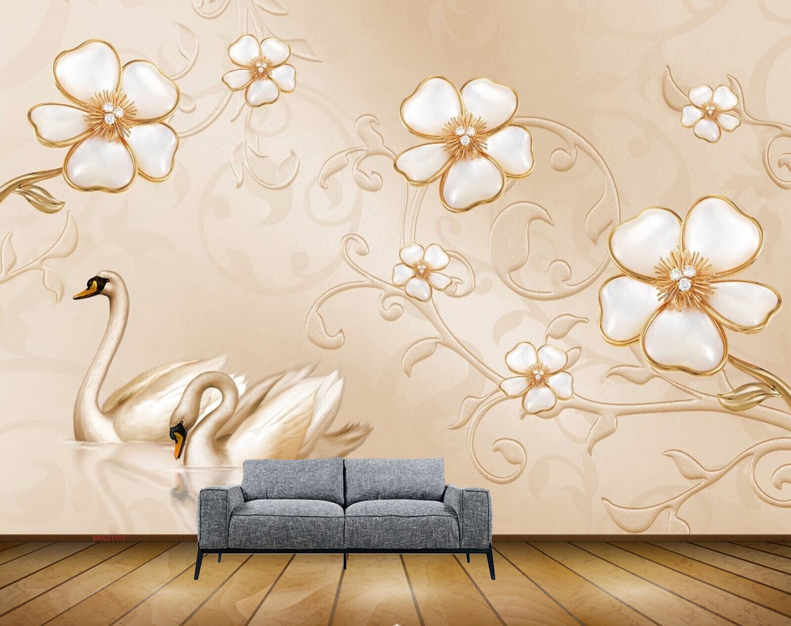 Avikalp MWZ1111 White Golden Flowers Swans 3D HD Wallpaper