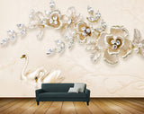 Avikalp MWZ1112 White Golden Flowers Swans HD Wallpaper